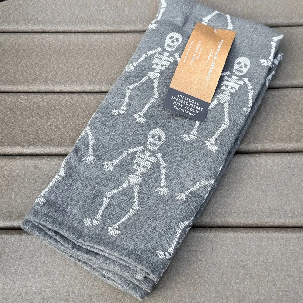 Cupcakes and Cashmere Grey Skeleton Kitchen Towel 2 Pack Halloween Towels New